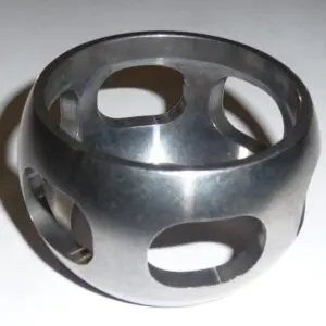 Metallic hollow sphere with circular cutouts.