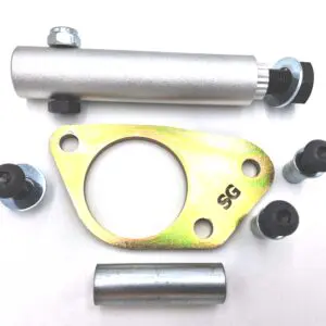 Metal automotive components with bolts and spacer.
